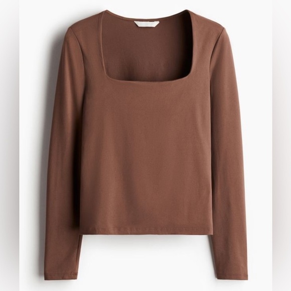 H&M Fitted top in soft jersey with a square neckline and long sleeves. Size S - Picture 1 of 2
